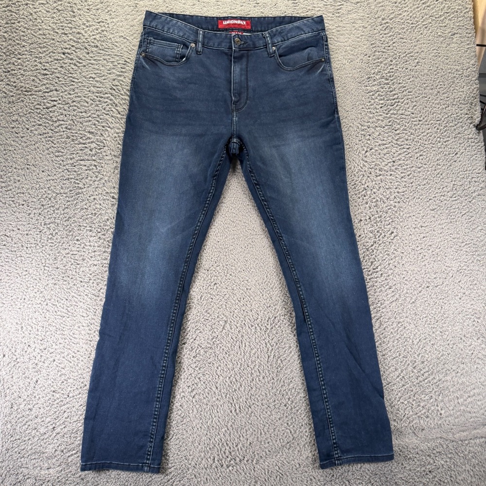 Unionbay Jeans Mens 36x34 Blue Cotton Denim Straight Leg Faded Workwear Stretch